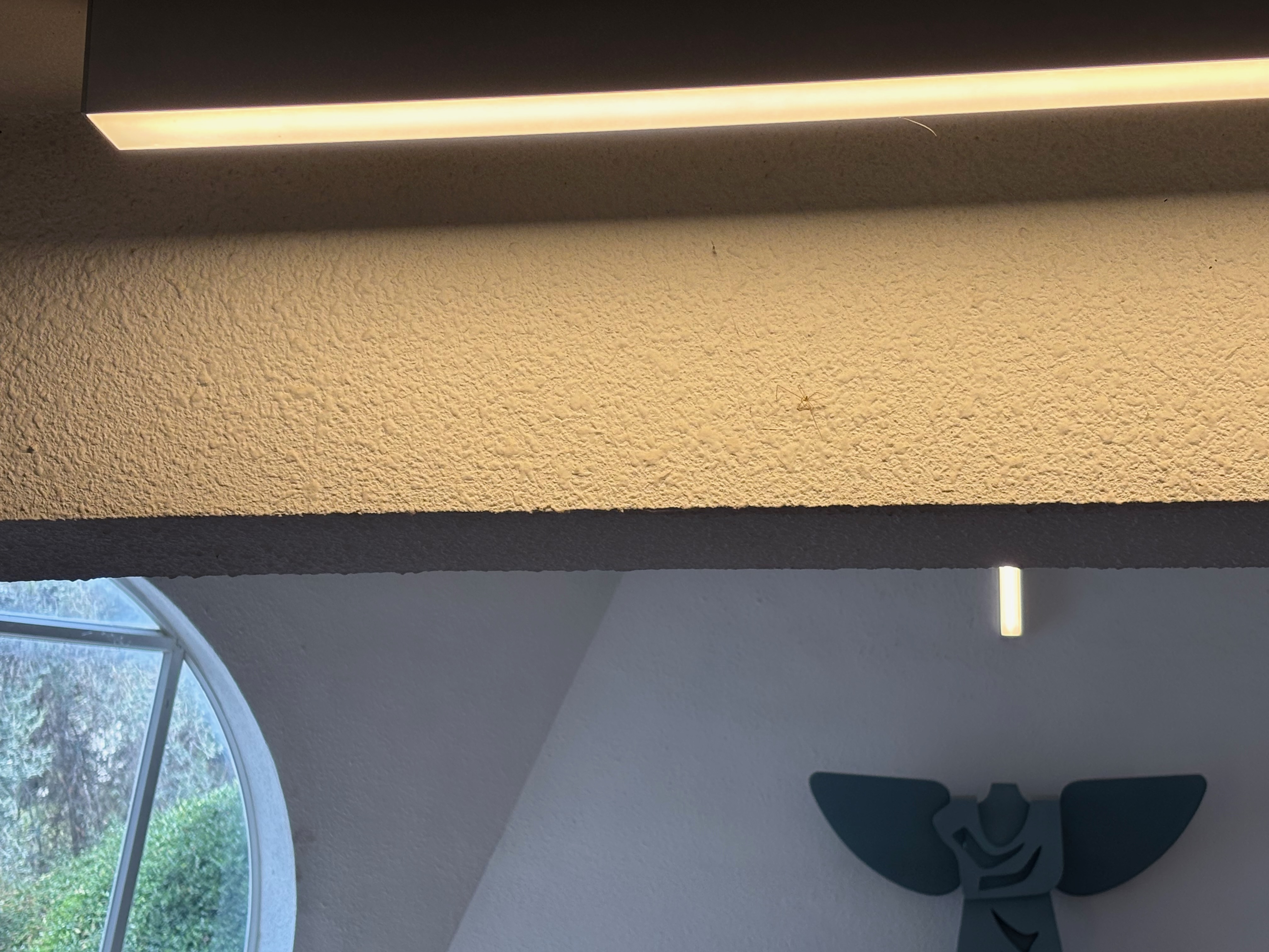 Arched window with greenery outside and a blue abstract angel figure mounted on the wall beneath a small vertical light, seen through an opening framed by a wall that is partially lit by a rectangular ceiling light casting a warm glow.